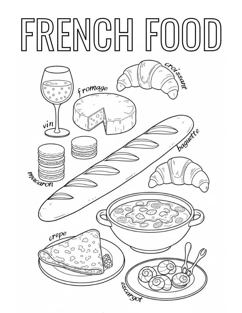 French food coloring page, croissant and pastry printable, delicious France coloring page, PDF, instant download