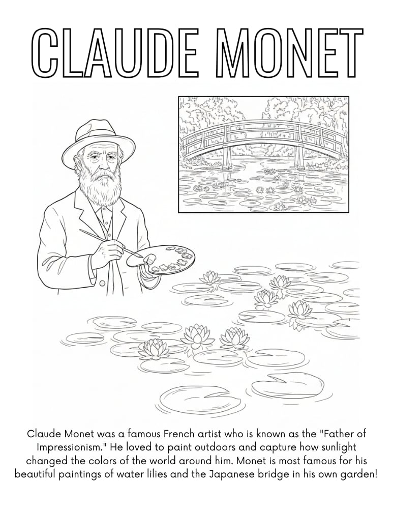 Claude Monet coloring page, famous artist printable, art history France coloring page, PDF, instant download