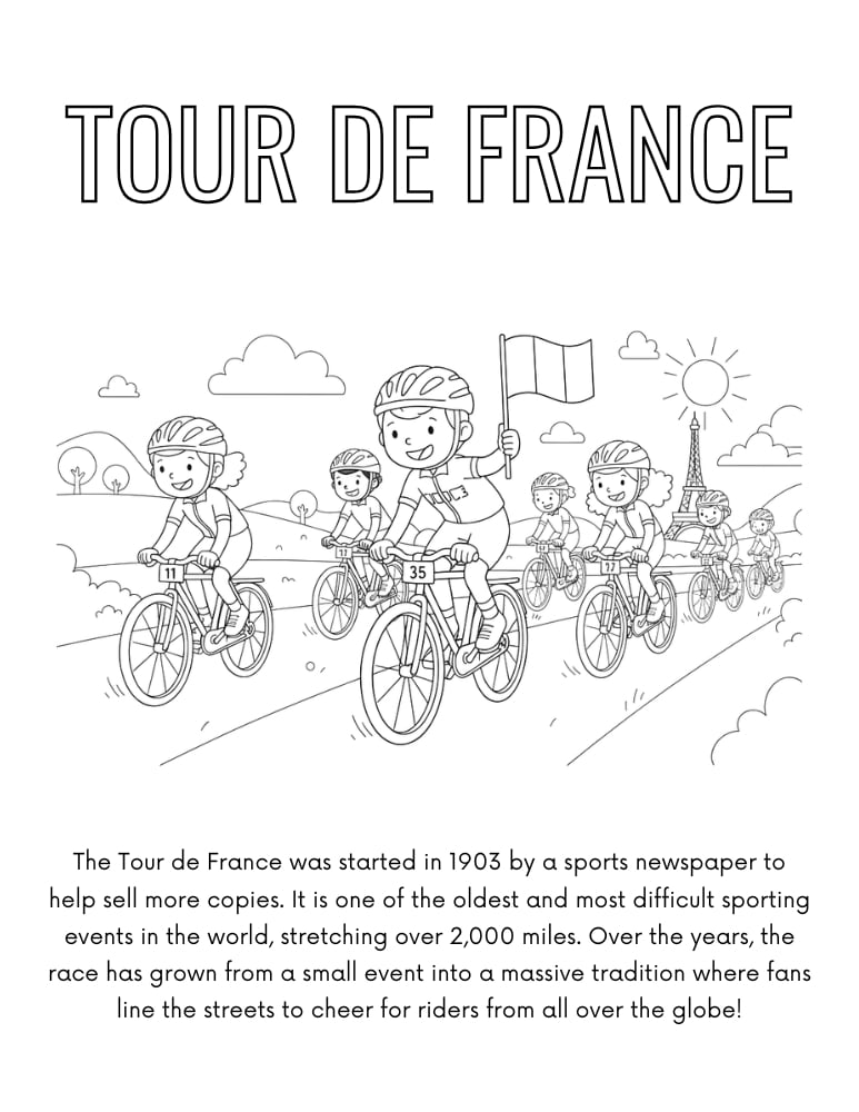 Tour de France coloring page, cycling race printable, sports themed France coloring page, PDF, instant download