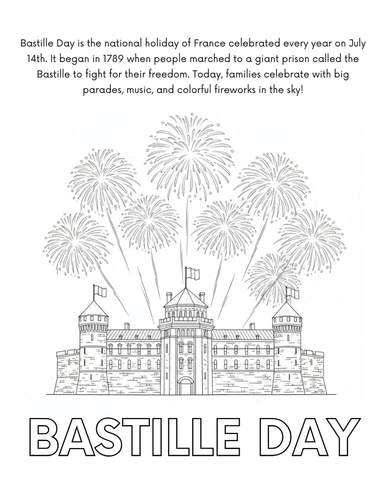Bastille Day coloring page, French national holiday printable, holiday France coloring page, PDF, instant download