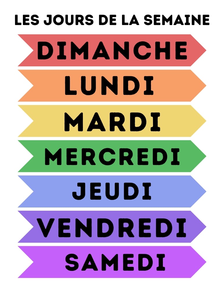 French days of the week chart, printable foreign language vocabulary tracker for kids, classroom educational poster, PDF, instant download