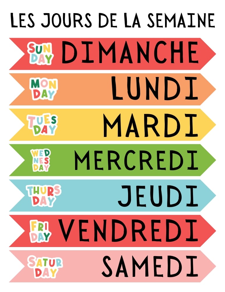 printable French days of the week chart, kids introduction to French vocabulary, homeschool language arts reference, PDF, instant download