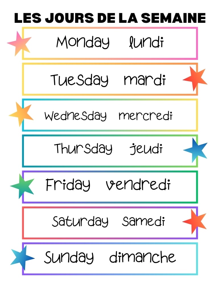French calendar vocabulary chart, foreign language display sheet for classrooms, student study guide, PDF, instant download