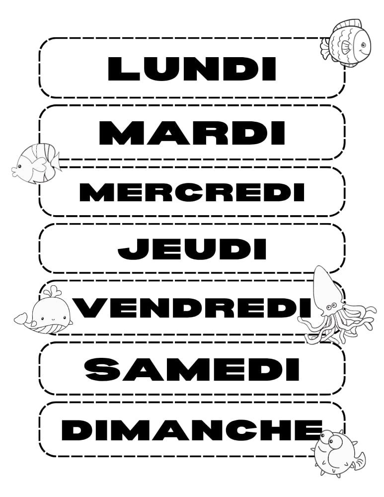 days of the week in French chart, printable elementary language learning resource, visual vocabulary builder, PDF, instant download