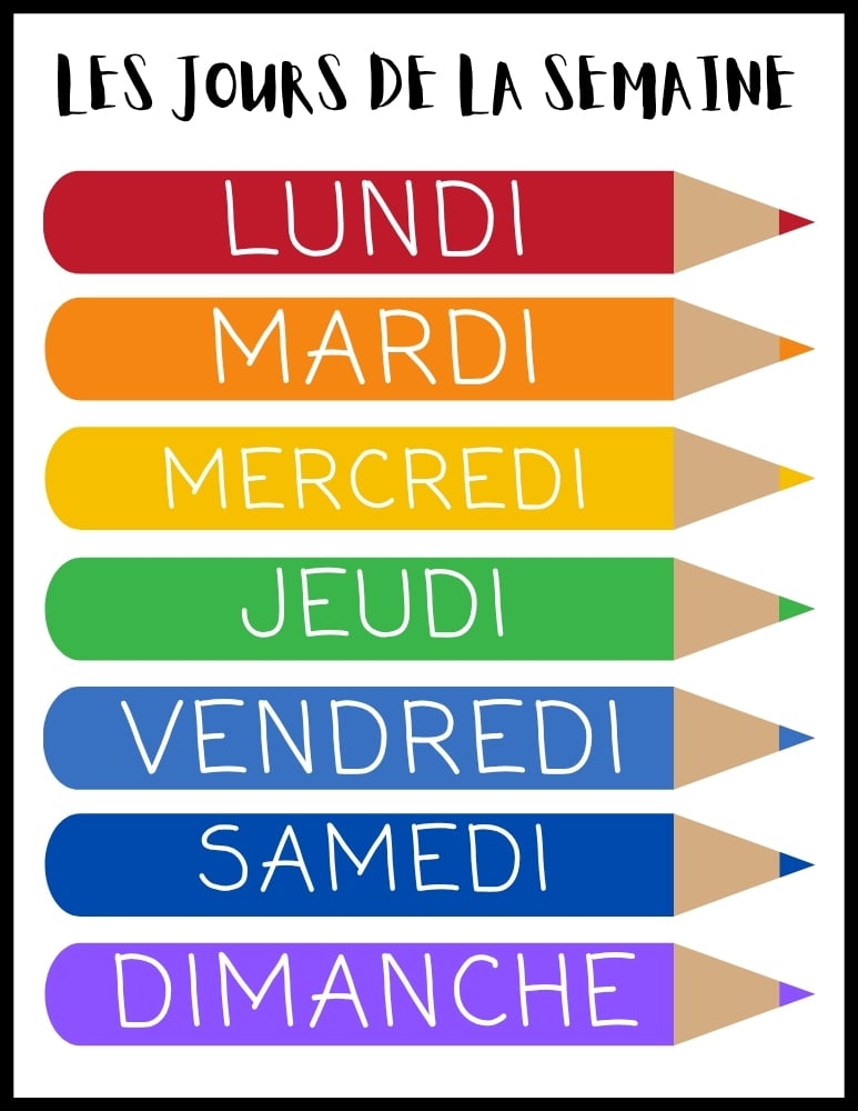 French days of the week learning chart, beginner conversational French resource, preschool language poster, PDF, instant download