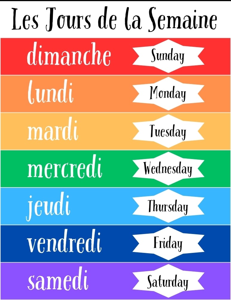 foreign language days of the week chart, French vocabulary display page, kids routine learning printable, PDF, instant download