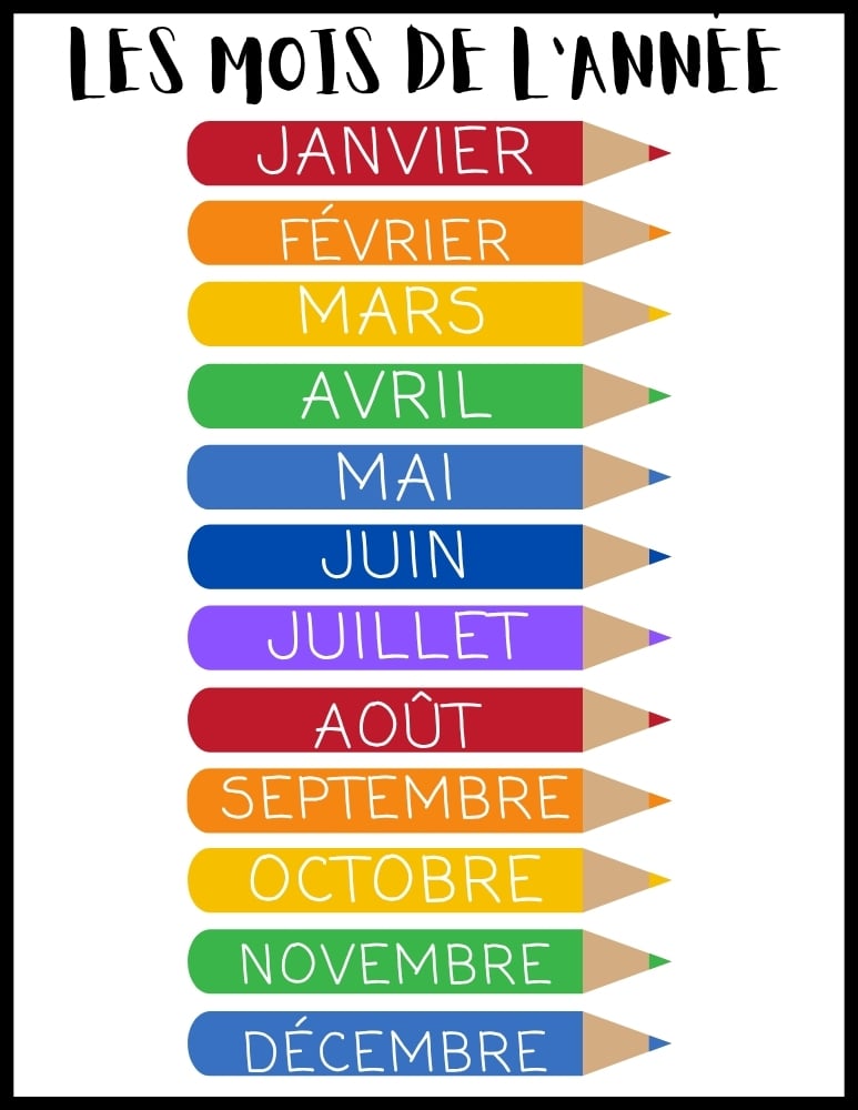 French months of the year learning chart, beginner conversational French resource, preschool language poster, PDF, instant download