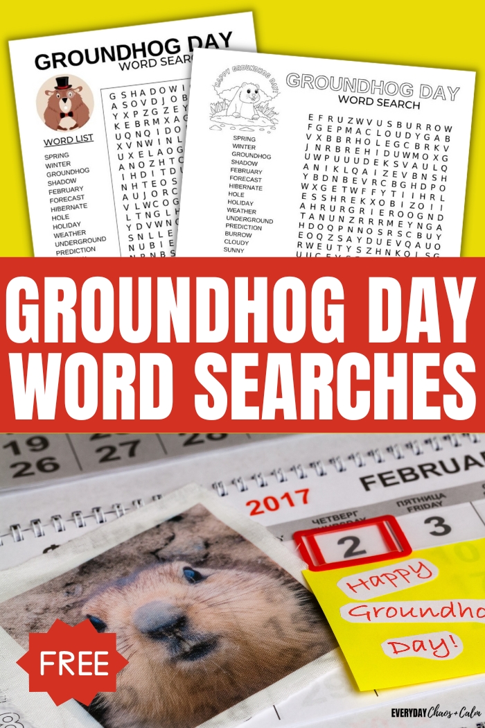 groundhog day word search text with example pages and a picture of a groundhog and calendar