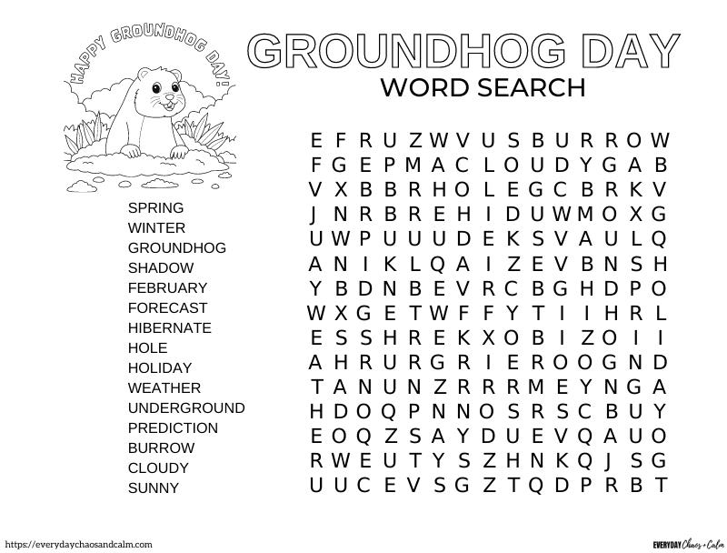 free printable groundhog day word search for kids that can also be a coloring page