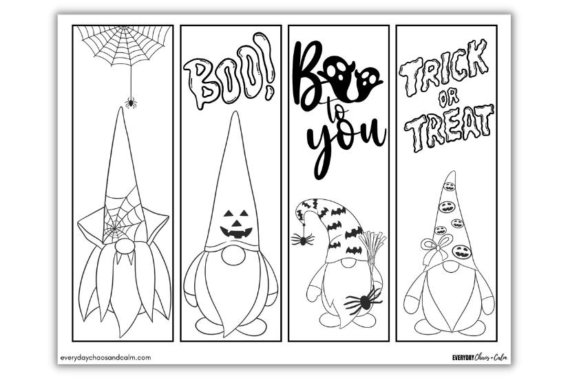 Printable Halloween Bookmarks for Coloring- with Halloween Gnomes! Free printable halloween bookmarks for coloring, printing, school or classroom, pdf, elementary grades, print, download.