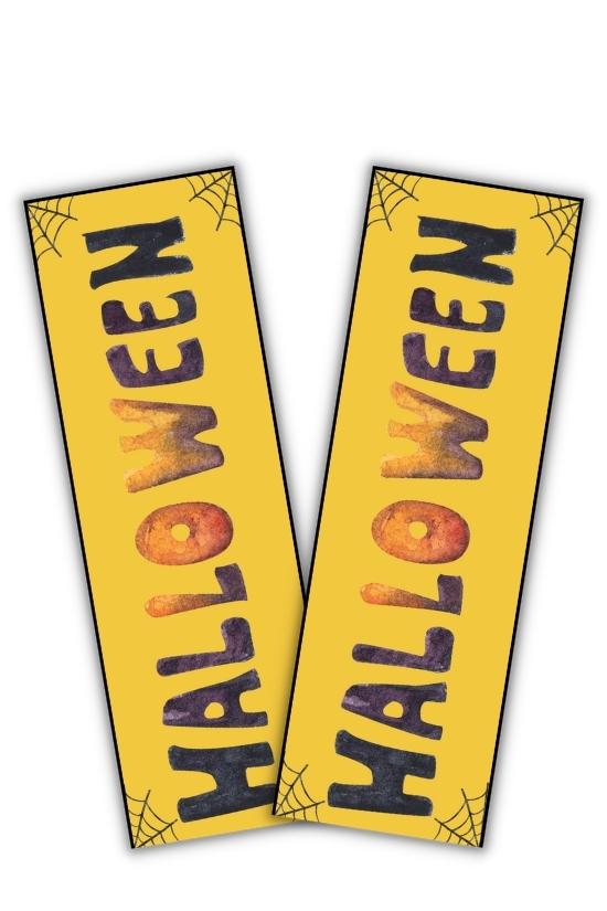 Printable Halloween Bookmarks Yellow Halloween with Spider Webs Free printable halloween bookmarks for coloring, printing, school or classroom, pdf, elementary grades, print, download.