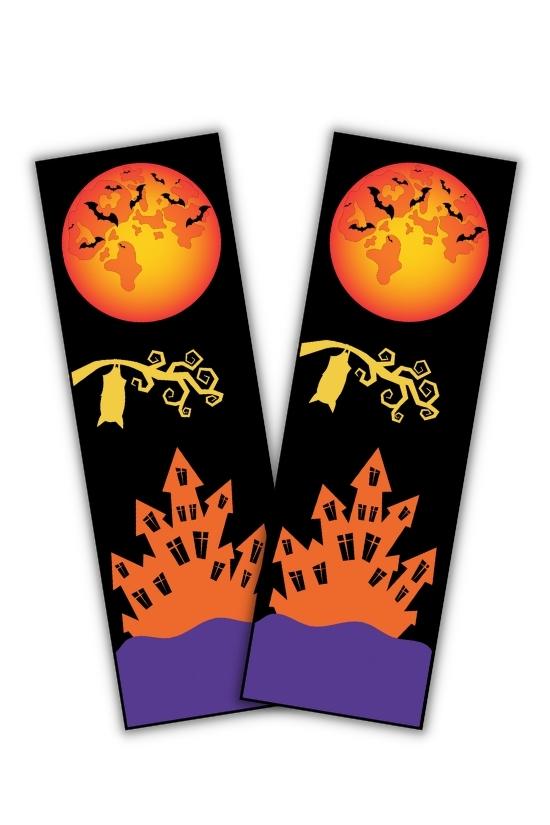 Printable Halloween Bookmarks Haunted House and Full Moon Free printable halloween bookmarks for coloring, printing, school or classroom, pdf, elementary grades, print, download.