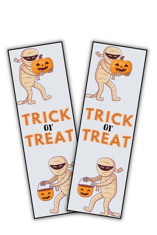 Printable Halloween Bookmarks Trick or Treat Mummies Free printable halloween bookmarks for coloring, printing, school or classroom, pdf, elementary grades, print, download.