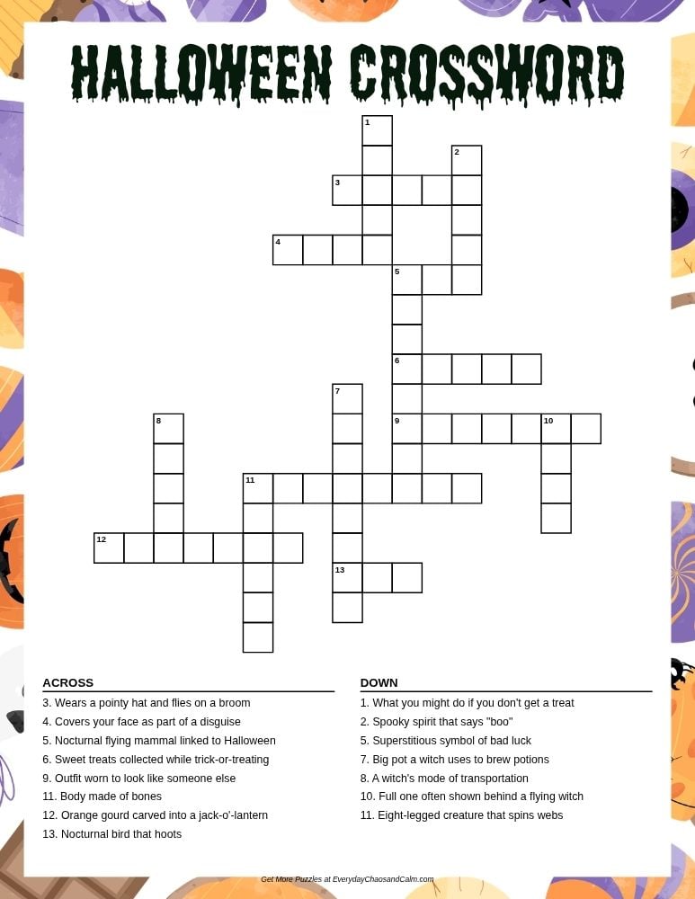 halloween crossword puzzle, spooky holiday word game for kids, printable autumn activity sheet, PDF, instant download