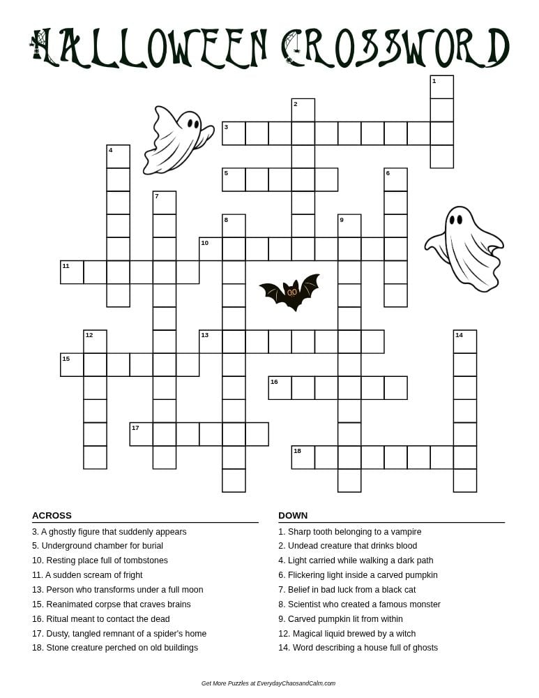 printable halloween crossword puzzle, seasonal vocabulary worksheet, classroom October word game, PDF, instant download