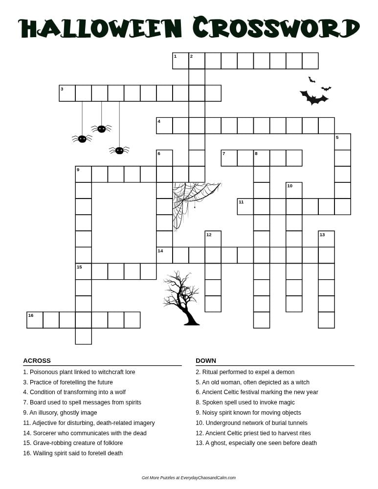 halloween crossword puzzle page, fun seasonal brain teaser for children, homeschool literacy printable, PDF, instant download