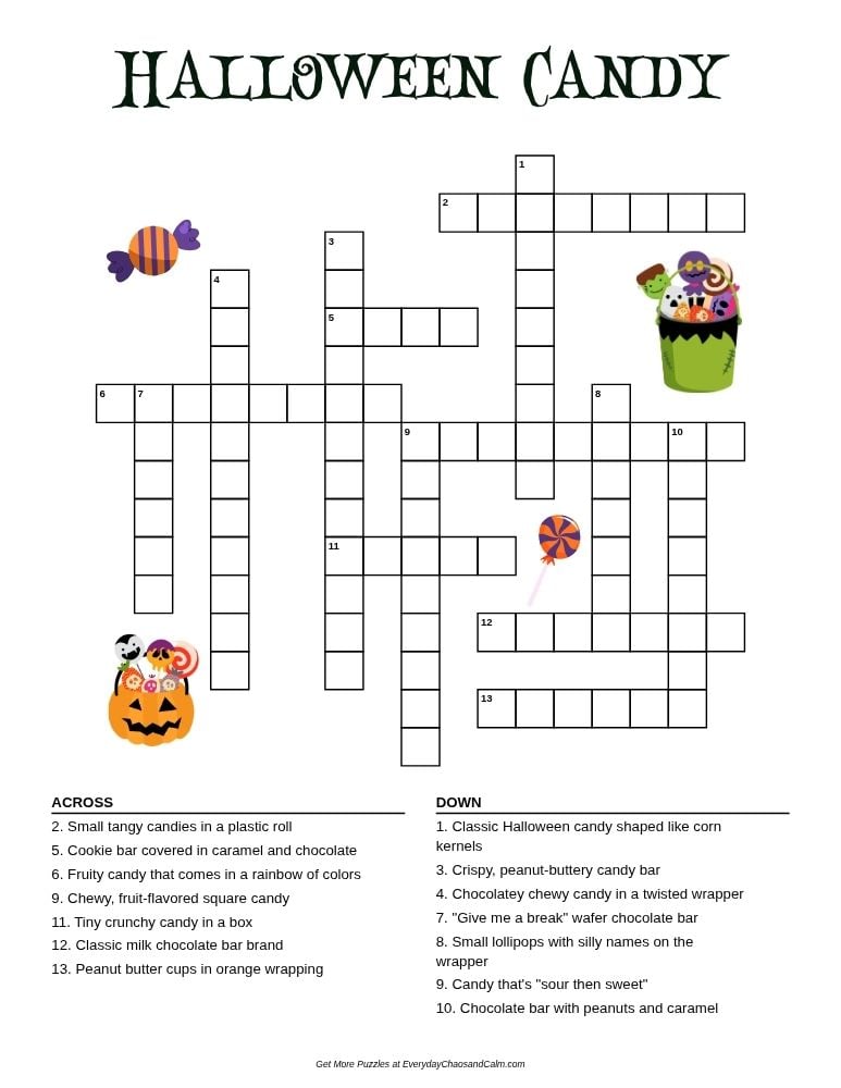 halloween candy crossword puzzle, sweet treats theme word game, kids holiday printable activity, PDF, instant download