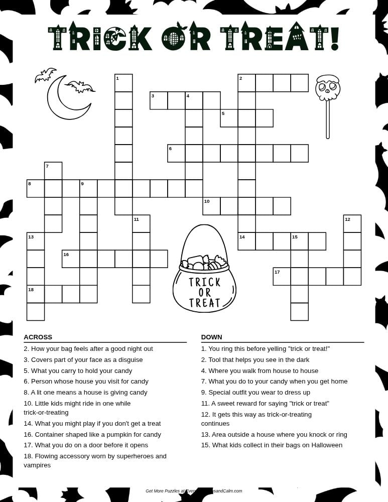 trick or treat halloween crossword puzzle, festive October activity sheet, classroom vocabulary game, PDF, instant download