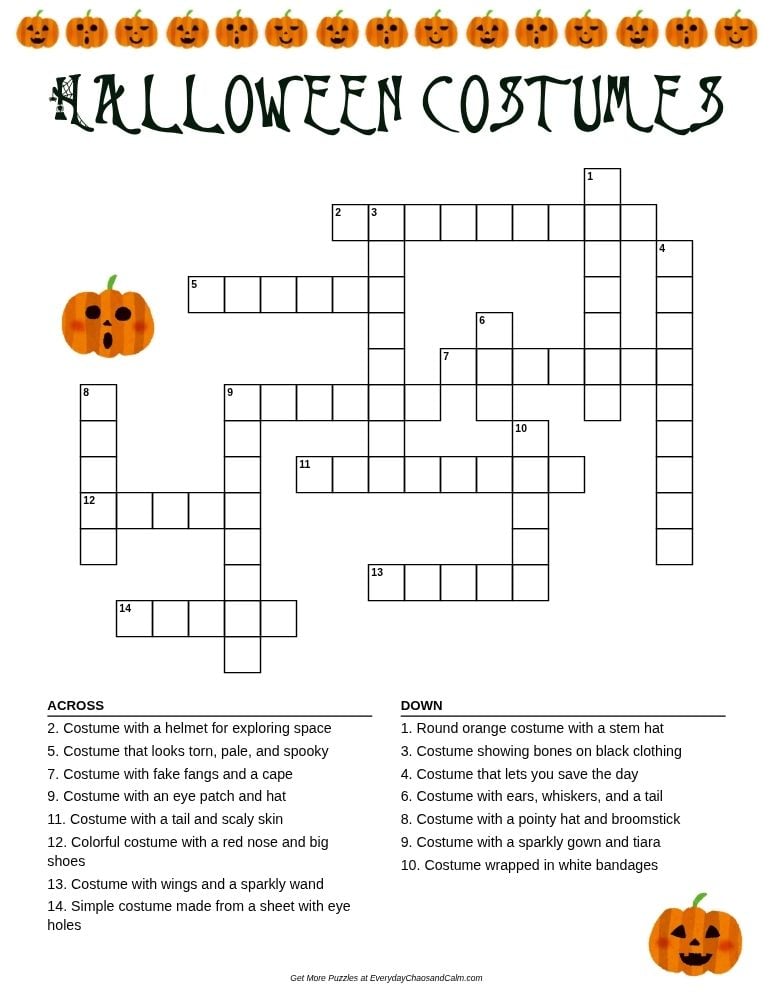 halloween costumes crossword puzzle, dress up theme word search game, fun holiday printable, PDF, instant download