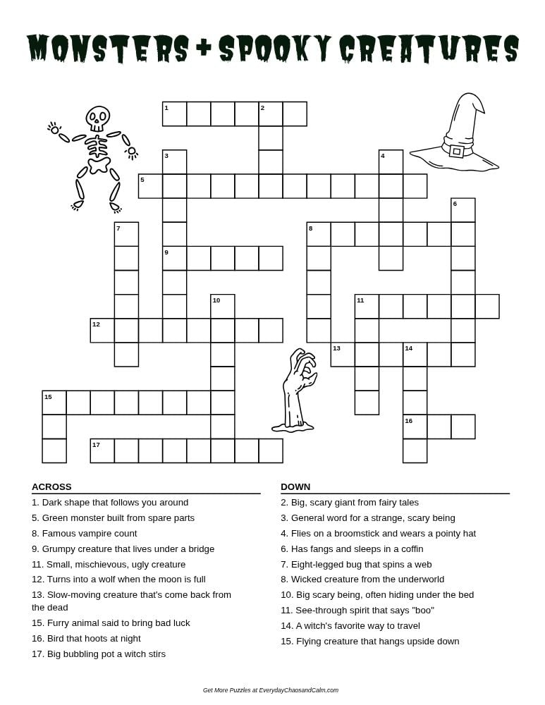 monsters and creatures halloween crossword puzzle, spooky character word game, kids October puzzle sheet, PDF, instant download