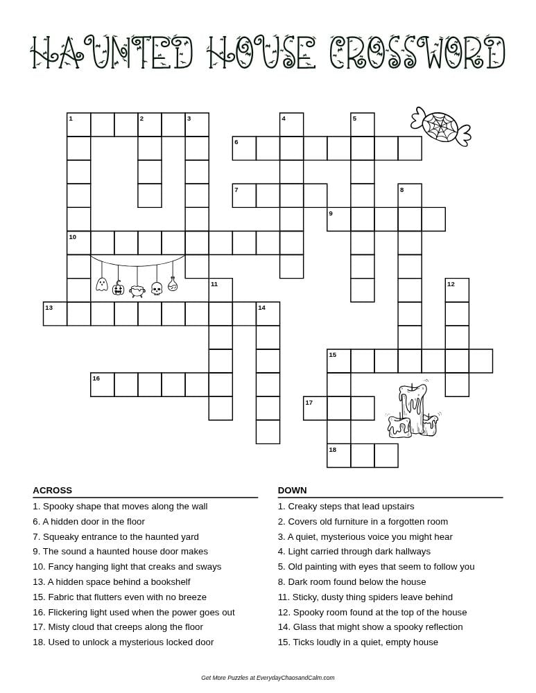 haunted house halloween crossword puzzle, creepy mansion themed word game, homeschool Halloween printable, PDF, instant download