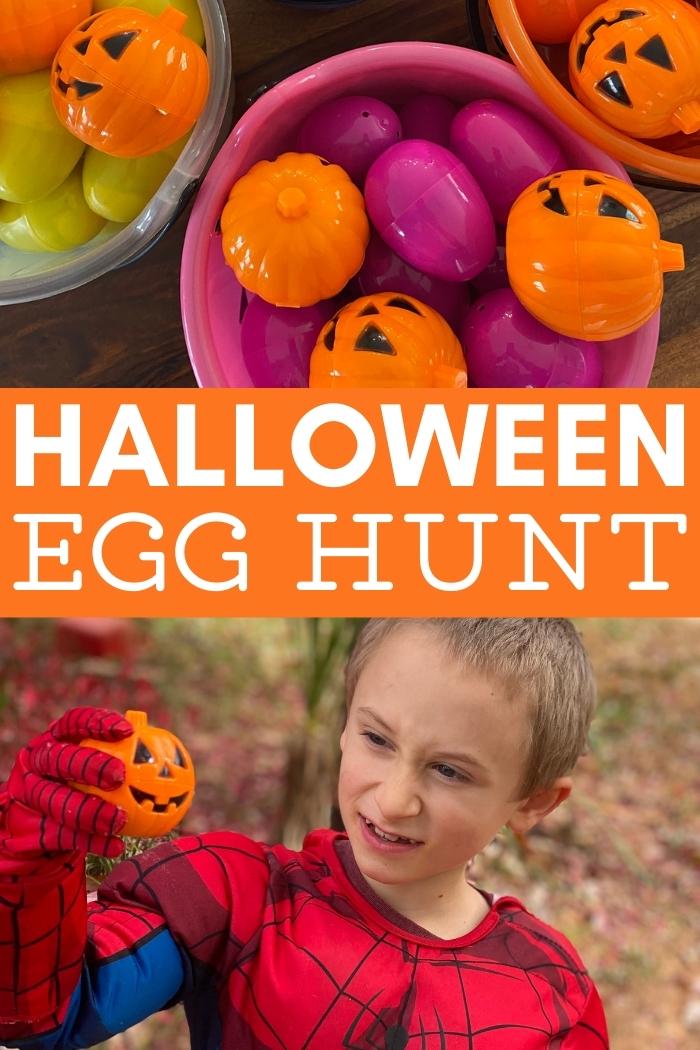 Halloween egg hunt with pumpkin eggs and buckets