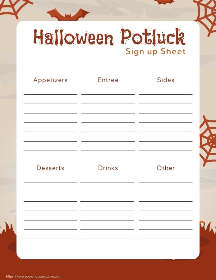 Printable Halloween Potluck Sign Up Sheet with Categories Free printable Halloween potluck sign up sheets, pdf, holidays, print, download.