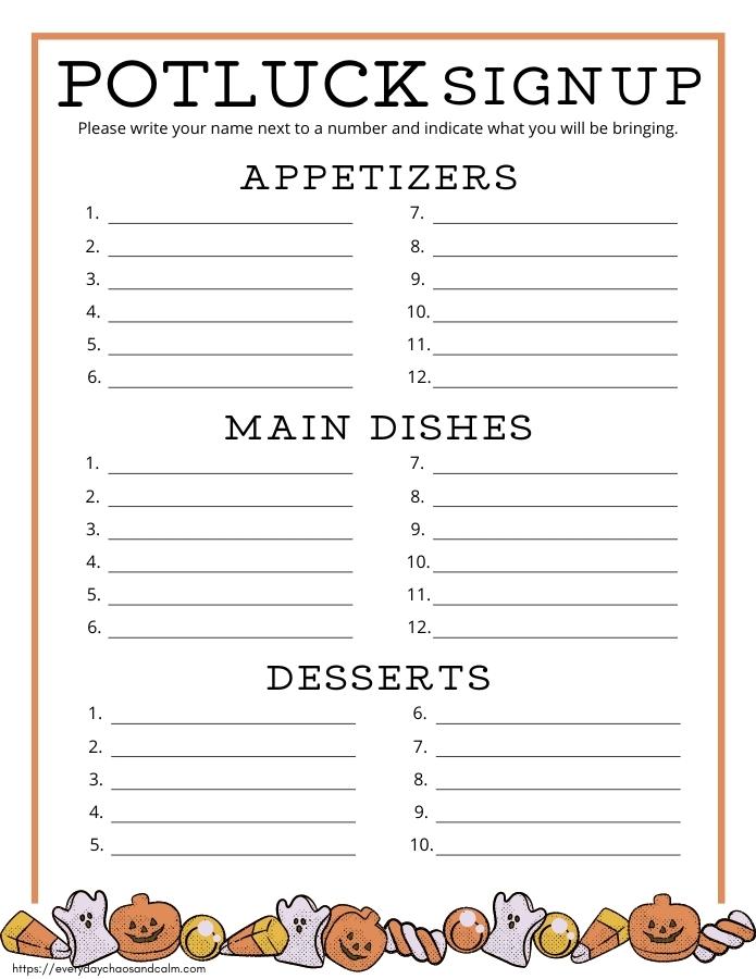 Numbered Halloween Potluck Sheet with 3 Categories Free printable Halloween potluck sign up sheets, pdf, holidays, print, download.