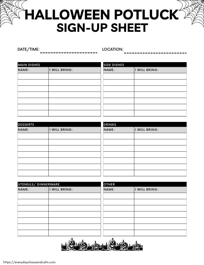 Black and White Halloween Potluck Sign Up Sheet Free printable Halloween potluck sign up sheets, pdf, holidays, print, download.