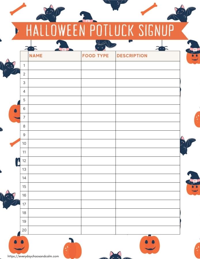 Printable Halloween Potluck Sign Up List Free printable Halloween potluck sign up sheets, pdf, holidays, print, download.