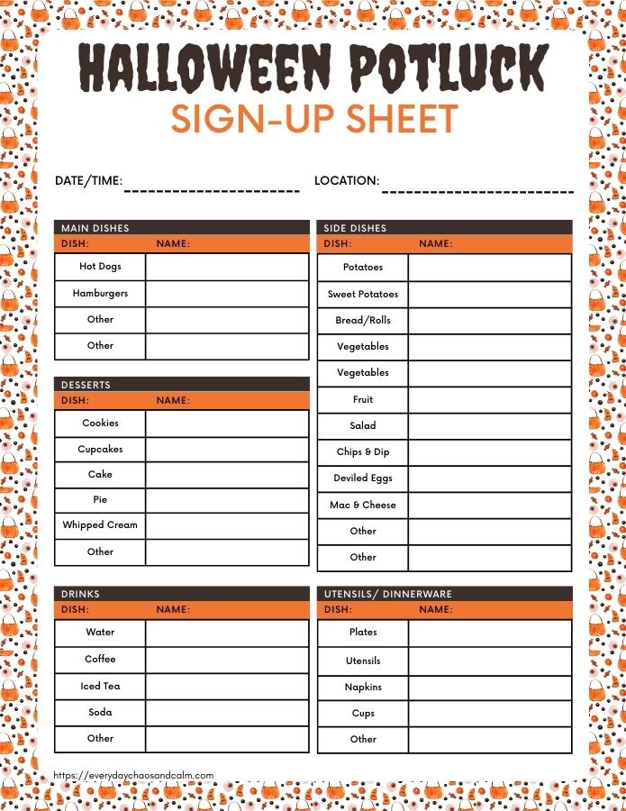 Printable Halloween Potluck Sign Up Sheet With Food List Free printable Halloween potluck sign up sheets, pdf, holidays, print, download.