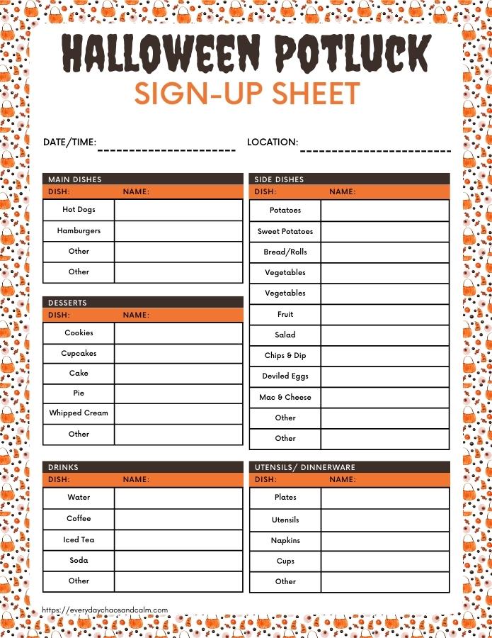 Free Printable Halloween Potluck Sign Up Sheets