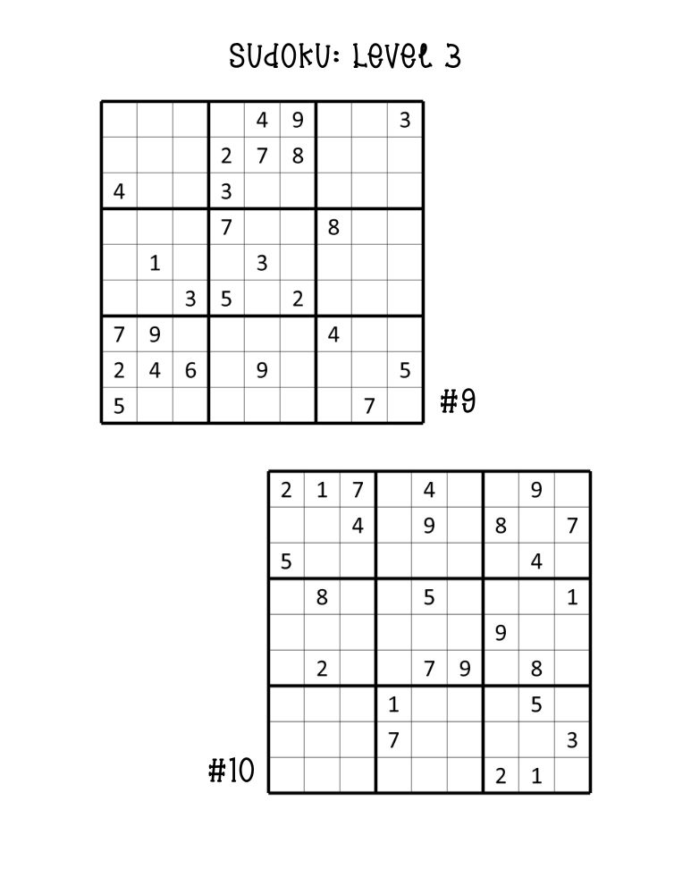 printable hard sudoku puzzles page, two half-page advanced number logic grids, quiet time mind game, PDF, instant download