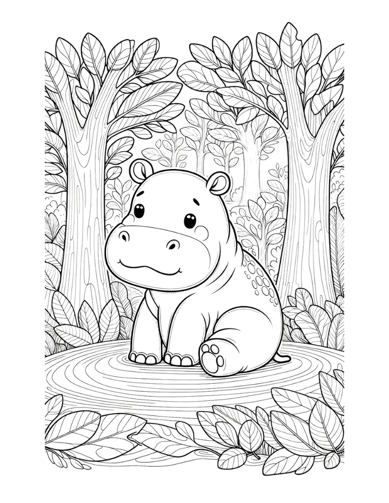 hippo coloring page, PDF, instant download, kids