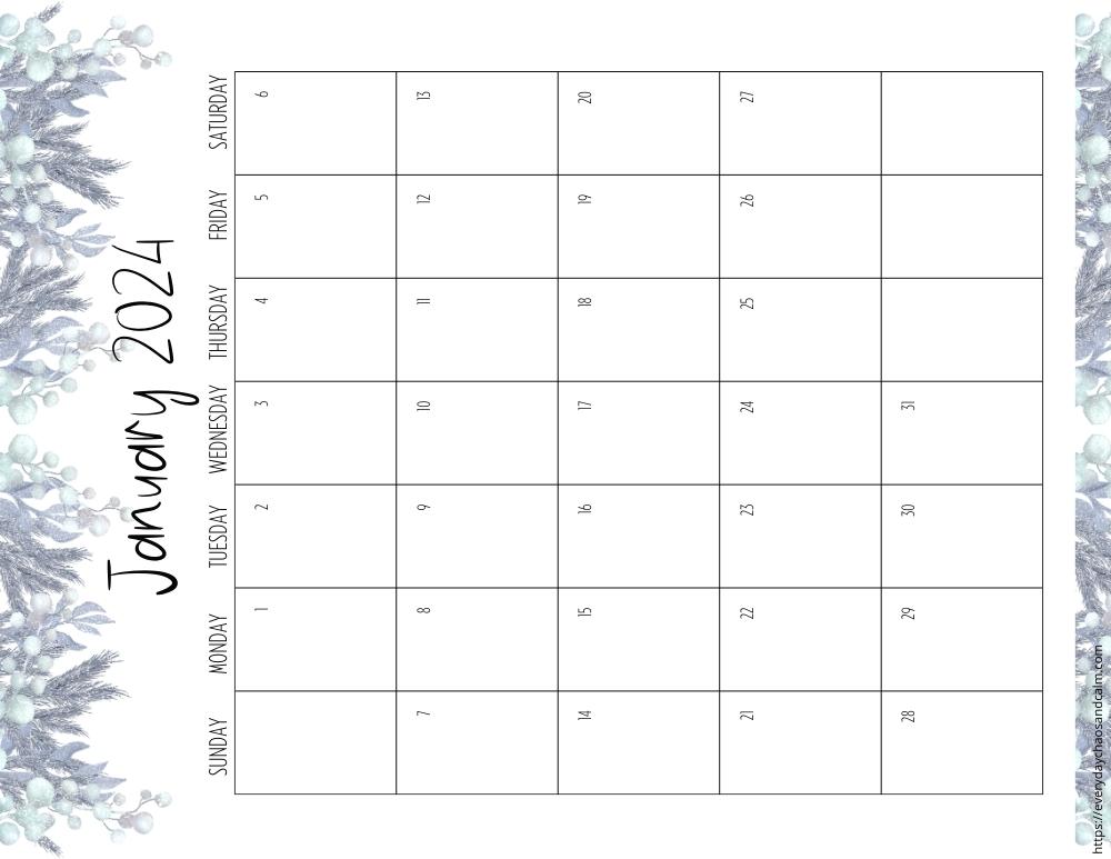 vertical printable January 2024 calendar- sunday start