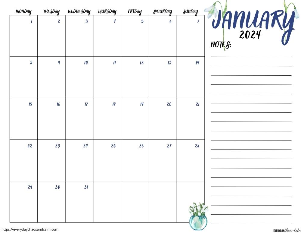 printable January 2024 calendar- monday start