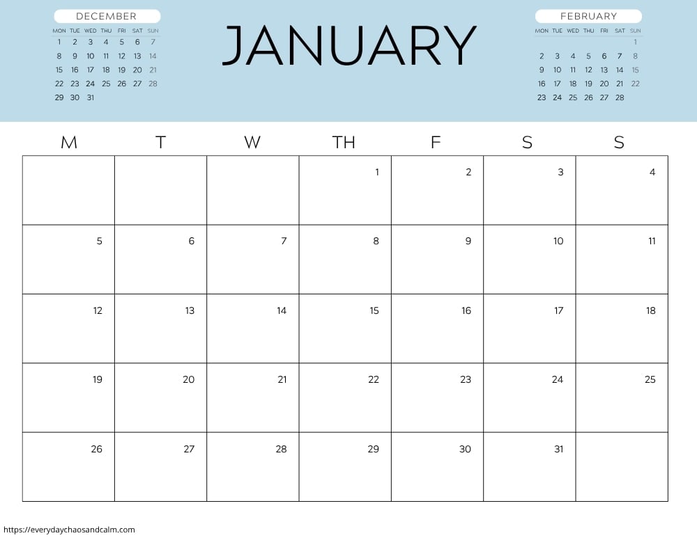 printable January 2026 calendar- monday start