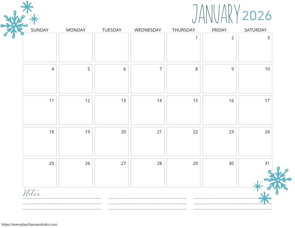 printable January 2026 calendar- sunday start