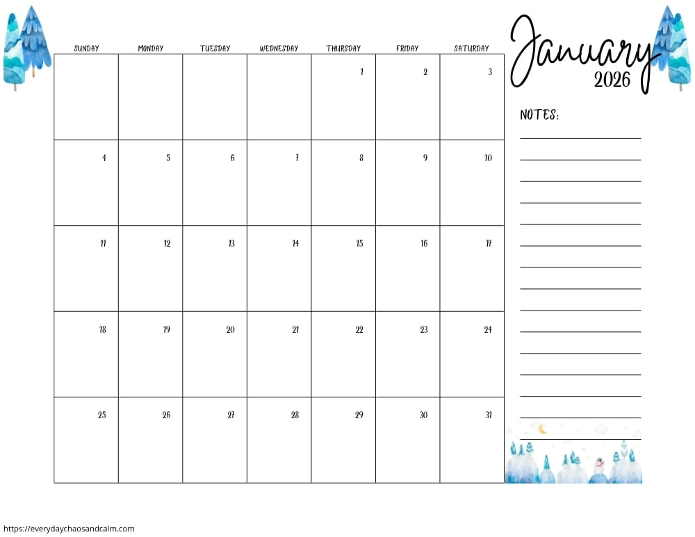 printable January 2026 calendar- sunday start
