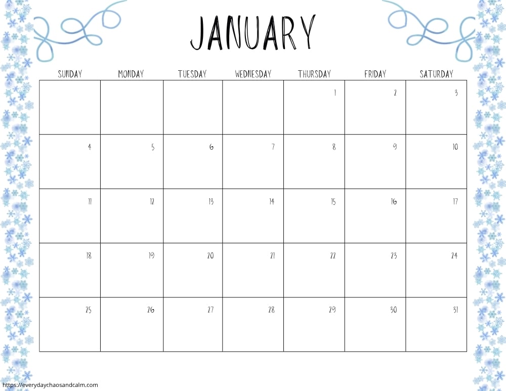printable January 2026 calendar- sunday start