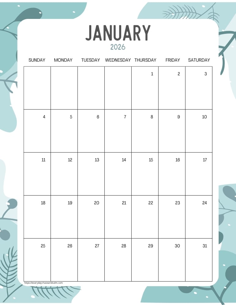 vertical printable January 2026 calendar- sunday start