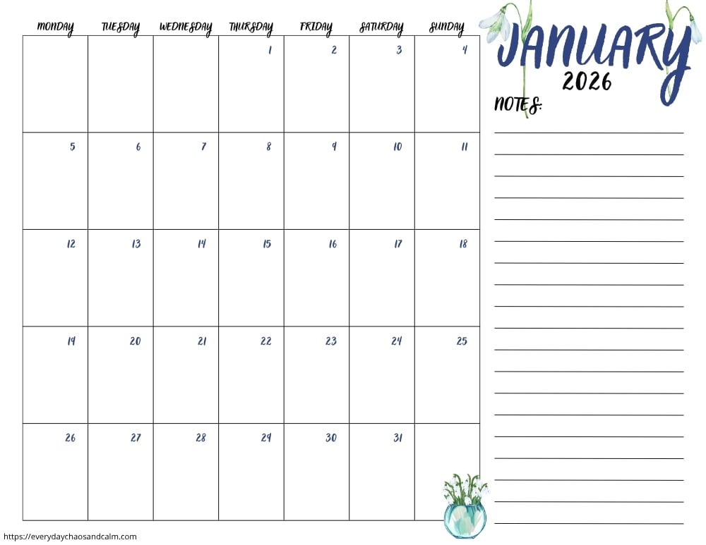 printable January 2026 calendar- monday start
