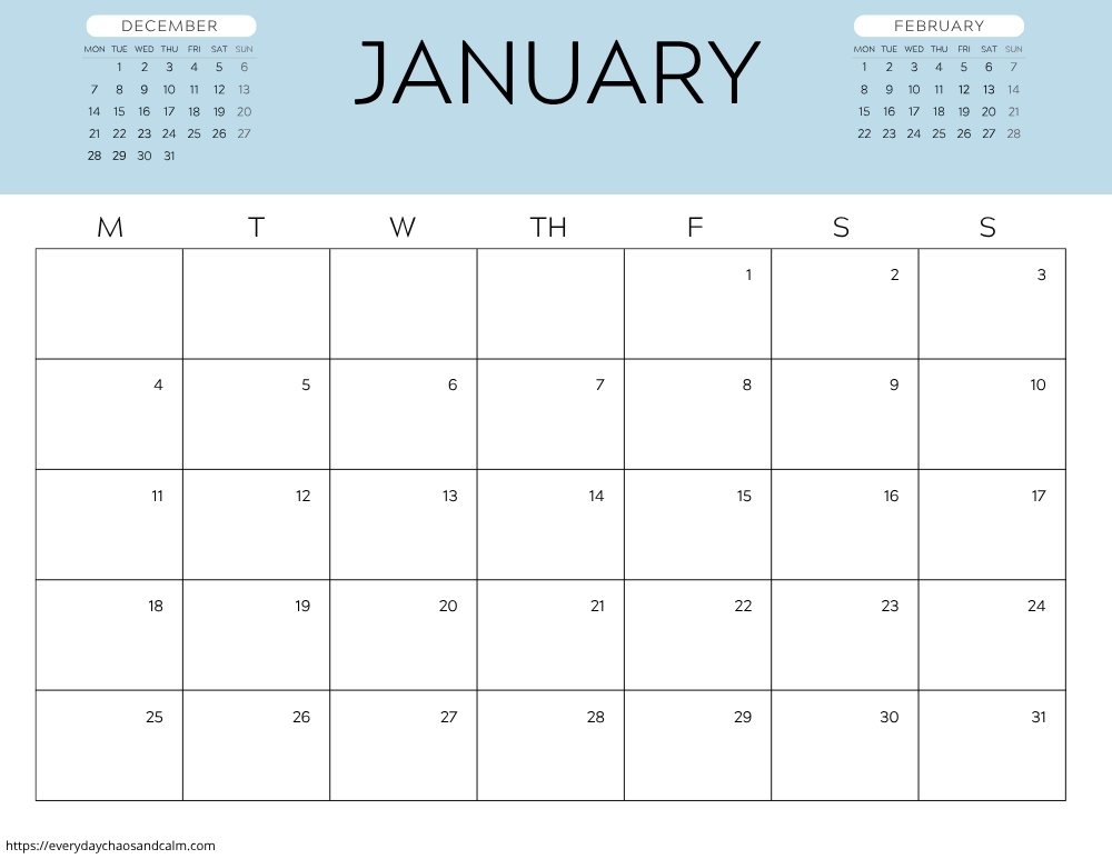 printable January 2027 calendar- monday start