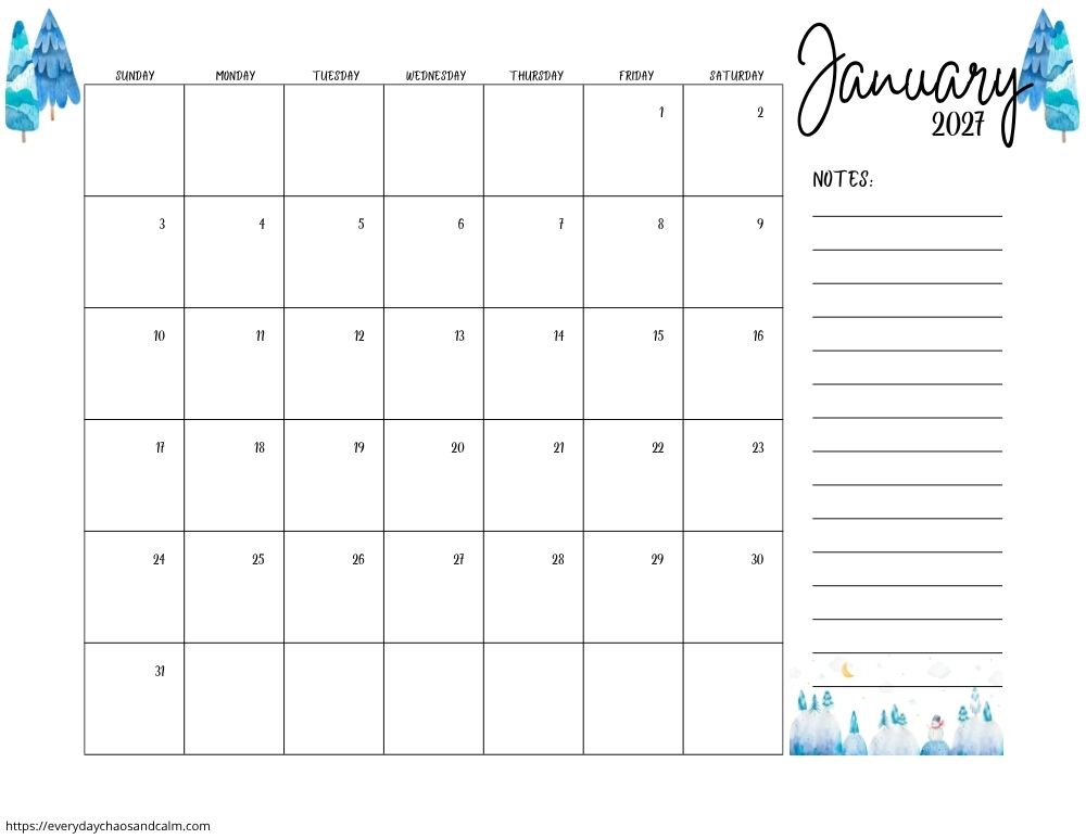 printable January 2027 calendar- sunday start
