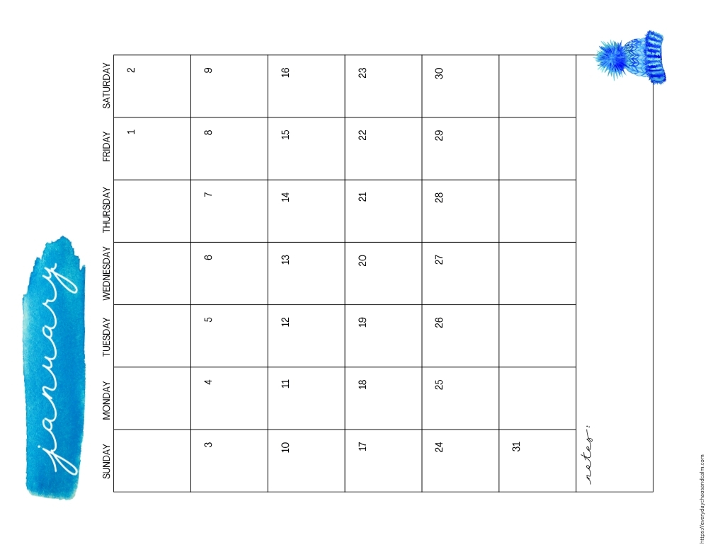 vertical printable January 2027 calendar- sunday start