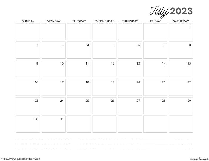 printable July 2023 calendar- sunday start