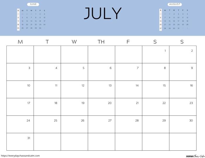 printable July 2023 calendar- monday start