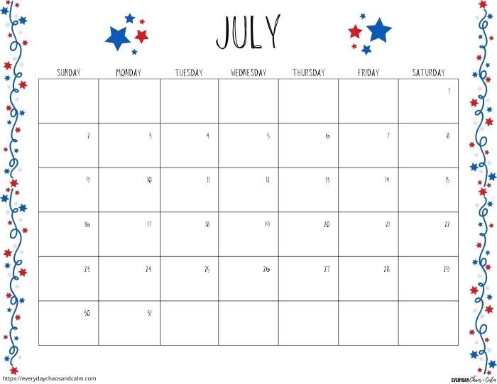 printable July 2023 calendar- sunday start