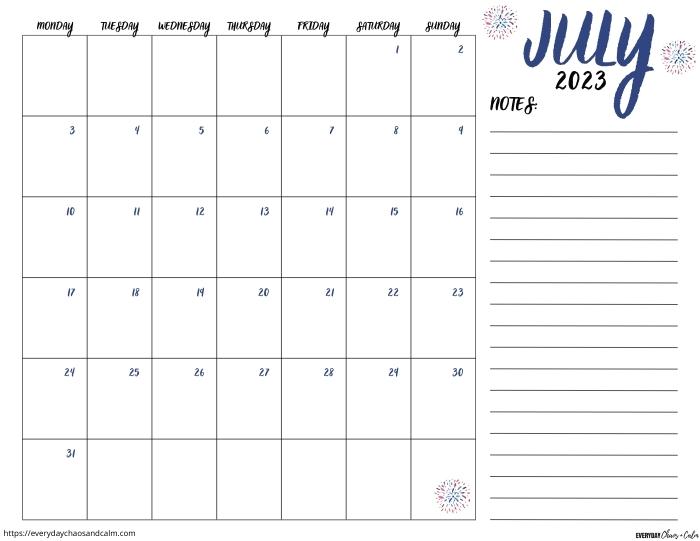 printable July 2023 calendar- monday start