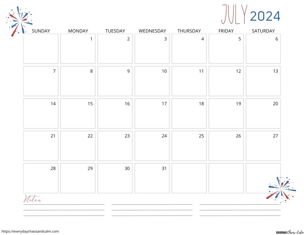 printable July 2024 calendar- sunday start